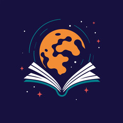 Open book with planet flat icon. Vector sign for logo concept and illustration. Planet Earth with stars above a book. Stock graphic.
