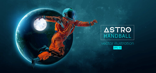 Abstract silhouette of a handball player astronaut in space action and Earth, Moon planets on the background of the space. 3d render. Vector illustration