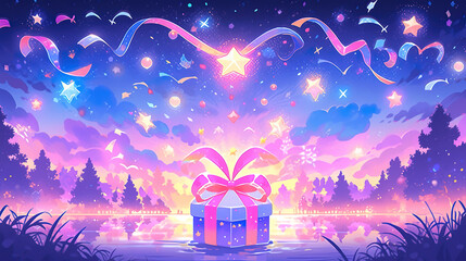 a present gift card illustration in an anime style mixed with cartoon princess art