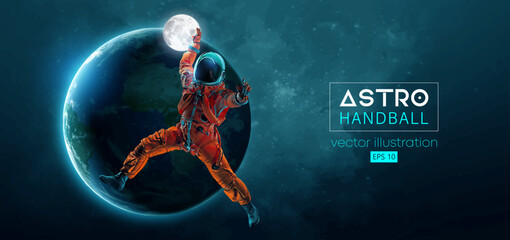 Abstract silhouette of a handball player astronaut in space action and Earth, Moon planets on the background of the space. 3d render. Vector illustration