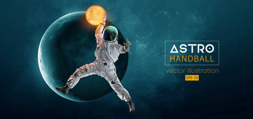 Abstract silhouette of a handball player astronaut in space action and Earth, Moon planets on the background of the space. 3d render. Vector illustration - obrazy, fototapety, plakaty