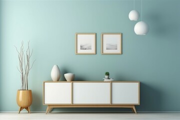Mockup with frame and cabinet on blue wall. 3D rendering. Generative AI