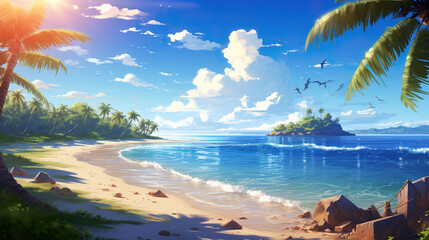 impressive beautiful relaxing anime illustration of a tropical beach scenery - obrazy, fototapety, plakaty