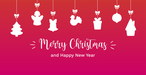 Christmas design with holiday hanging elements garland. Bright pink background. Handwriting style text Merry Christmas and Happy New Year. Red and white banner, social media cover, greeting card.