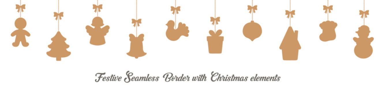 Christmas seamless border holiday hanging elements. Sugar cookies garland. Gingerbread man, Christmas tree, angel, festive bell, bird, gift box, ornament, snowman, present sock. Cute Xmas decoration.
