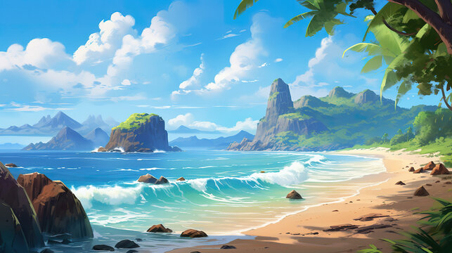 wonderful peaceful paradise liked tropical beach illustration, anime manga design