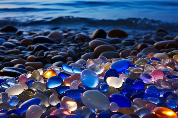 Fototapeta premium Beach under moonlight scattered with many colorful pebbles. Generative AI