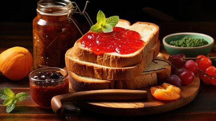 golden toasts covered in sweet, vibrant jams on a rustic wooden background to evoke a warm and inviting breakfast scene.