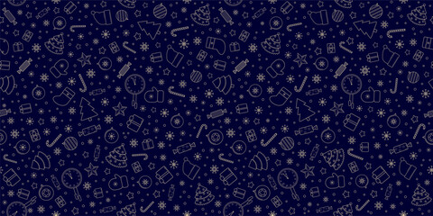 Christmas seamless pattern with Xmas line art vector icons. Many Christmas elements repeat design. Dark blue background and golden outline festive objects. Wrapping paper, corporate card, web design. - obrazy, fototapety, plakaty