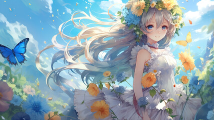 Fototapeta premium an anime girl in a garden field with butterflies around her