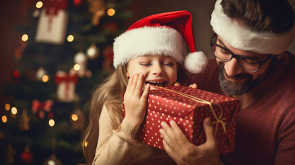 Christmas. Family. Love. Little girl is covering her dad's eyes making a surprise with a gift box. Near the Christmas tree at home - obrazy, fototapety, plakaty