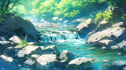 a river flows through a forest with a stone scenery, beautiful anime wallpaper