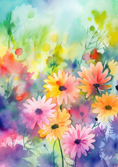 Fototapeta na wymiar watercolor illustration background of beautiful flowers in a very loose and handmade style, with bright gradients and loose watercolor washes.