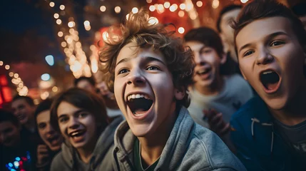 Fotobehang Celebración festiva: Amigos adolescentes y videojuegos celebrando juntos y con una gran sonrisa © ClicksdeMexico