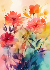 watercolor illustration background of beautiful flowers in a very loose and handmade style, with bright gradients and loose watercolor washes.