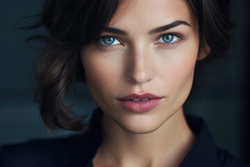 Fototapeta premium photo of a beautiful female psychologist with a stylish fashionable hairstyle and beautiful eyes