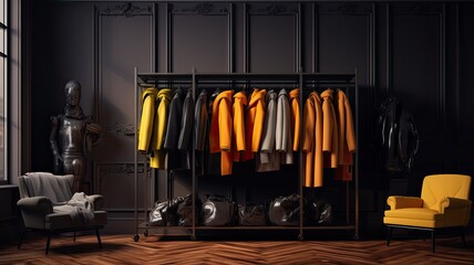 various warm jackets neatly arranged on a stylish rack within an elegant room interior. The juxtaposition of fashion and decor speaks to the essence of modern living.