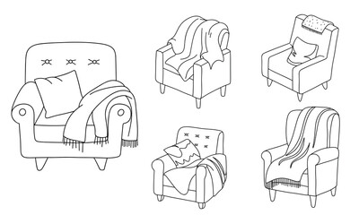 Set of cozy armchairs in doodle style. Armchair with blanket and pillow outline. Hand drawn vector illustration.