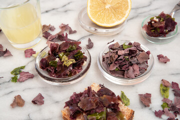 Ingredients for preparing a meal with dried and fresh edible seaweed