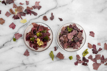 Close-up of dried and fresh edible seaweed for a meal