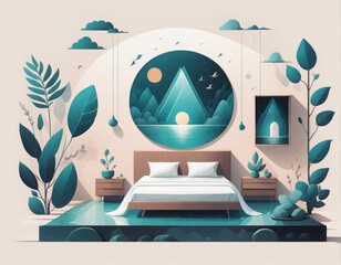 bedroom interior with mountain in pastel tones. modern interior design, bed, pillows, bed, pillows, bed and plants in the evening. vector bedroom interior with mountain in pastel tones. modern interio