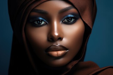 Naklejka premium Portrait of a beautiful African American woman with beautiful makeup. Style, fashion and beauty concept