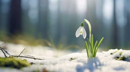 A sunlit snowdrop blossom against a soft focus background of snowy woods. - obrazy, fototapety, plakaty
