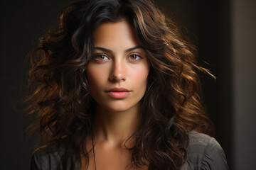 Fototapeta premium Portrait of a beautiful young indian brunette woman on grey background.