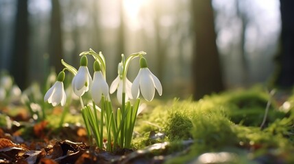 A sunlit snowdrop in a botanical garden, with intricate details of its petals and delicate features.