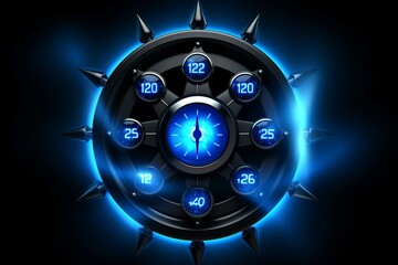 Blue powerful energy meter with a magical core surrounded by six blue stars. Generative AI