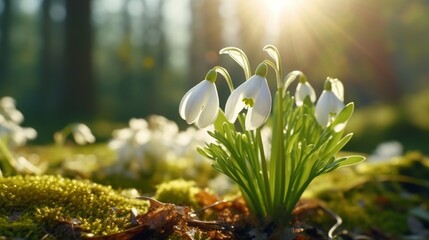 A sunlit snowdrop in a botanical garden, with intricate details of its petals and delicate features.