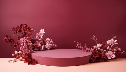 burgundy color  podium ,with flowers from sides decoration ,women's day  background concept 