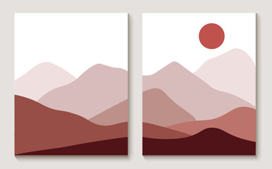 Sunset against the backdrop of the mountains. Poster in boho style. Nature landscape. Scandinavian design for wall decor.Vertical minimalist painting.Vector image.