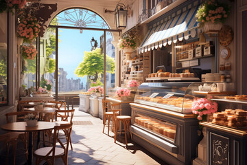 illustration of french patisserie cafe on sunny day