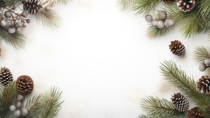 lush fir branches, paper cards for heartfelt congratulations, and delicate pine cones. The theme revolves around Christmas and New Year, presented in a flat lay, top view style.