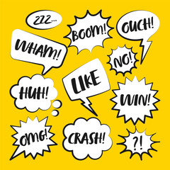 Comic speech bubbles with handwritten text. Outline, hand drawn retro cartoon stickers on yellow background. Chatting and communication, dialog elements. Pop art style. Vector illustration