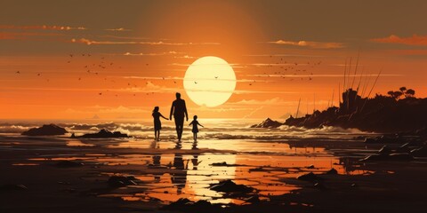 family walks near the beach and looks at a beautiful sunset. 