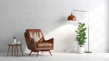 Modern white interior with brown leather armchair and contemporary lightning.
