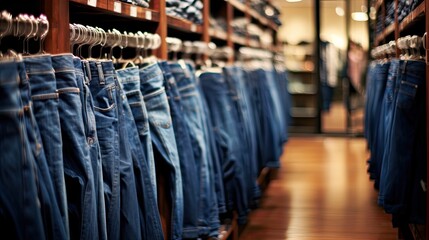 a rack filled with a variety of denim jeans, highlighting the concept of buying and shopping for the latest denim fashion. - obrazy, fototapety, plakaty