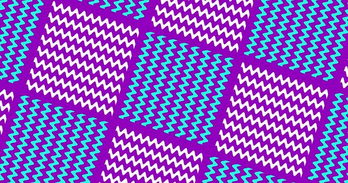 Minimal flat animated bunch of moving moving zigzag lines placed together to form a tile pattern. Abstract multicolor zig zag lines flat animated background. Seamless looped.