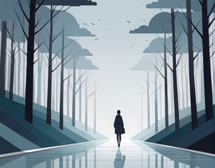 vector landscape with woman walking in the park vector landscape with woman walking in the parka beautiful woman in a blue dress walking along the path in the woods. autumn season. autumn landscape wi