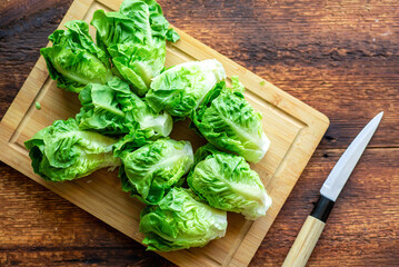 Fresh green salad on a wooden cutting board. View from above. Vegan food. salad preparation.