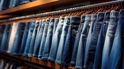 a rack filled with a variety of denim jeans, highlighting the concept of buying and shopping for the latest denim fashion.
