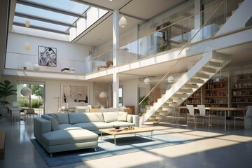 Contemporary indoor space with open design and mezzanine, rendered digitally. Generative AI - obrazy, fototapety, plakaty