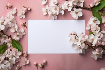 White blank card on pink background surrounded by white flowers, top view, mock up with copy space