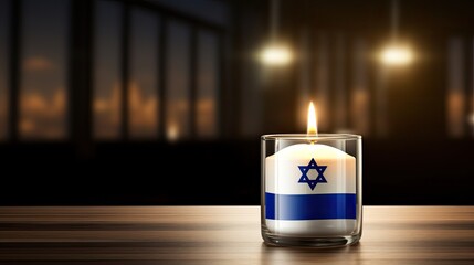 a burning candle set against the backdrop of the Israel flag, in observance of International Holocaust Remembrance Day.
