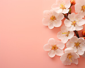 Banner with white flowers on peach fuzz background, spring card design template. Copy space, flat lay style, aerial view. Card for woman day, Valentine