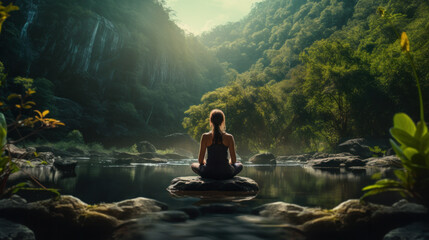 Young woman meditating by the lake - obrazy, fototapety, plakaty