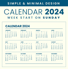 Calendar 2024 simple and minimal design, start week on sunday, size A4