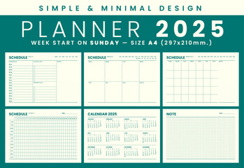 2025 Monthly planner template simple and minimal design, start week on sunday, size A4